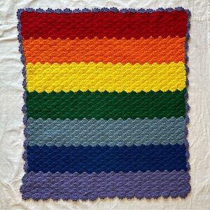 Handmade Crochet Rainbow Colorblock Fan Pattern Blanket Size 42 1/2” x 39”